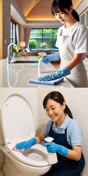 キッチンの掃除する女性スタッフの画像
