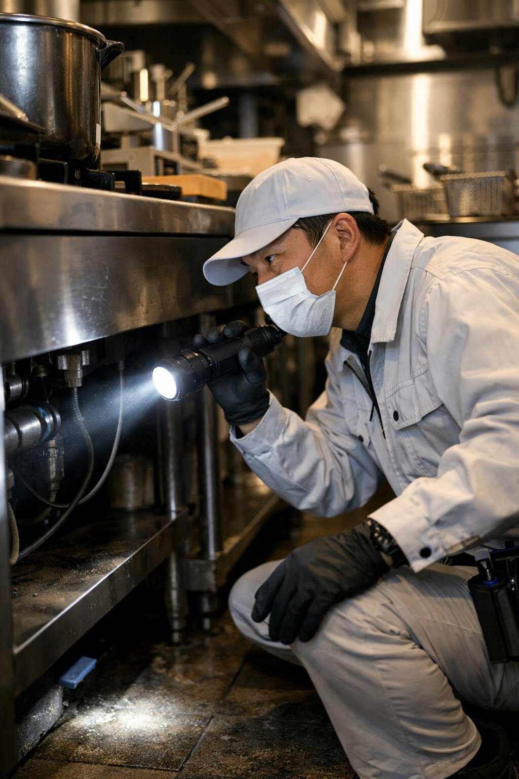 厨房内で懐中電灯を使い害虫発生源を徹底調査している防疫管理スタッフの作業風景