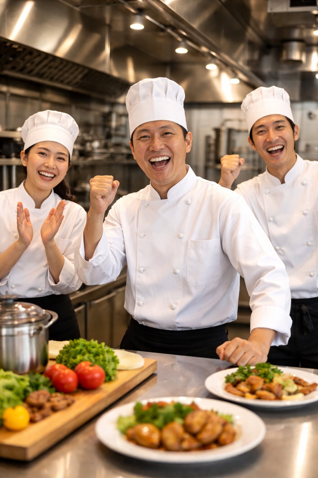 害虫駆除後の清潔な厨房で料理人たちが安心して喜んでいる作業完了イメージ