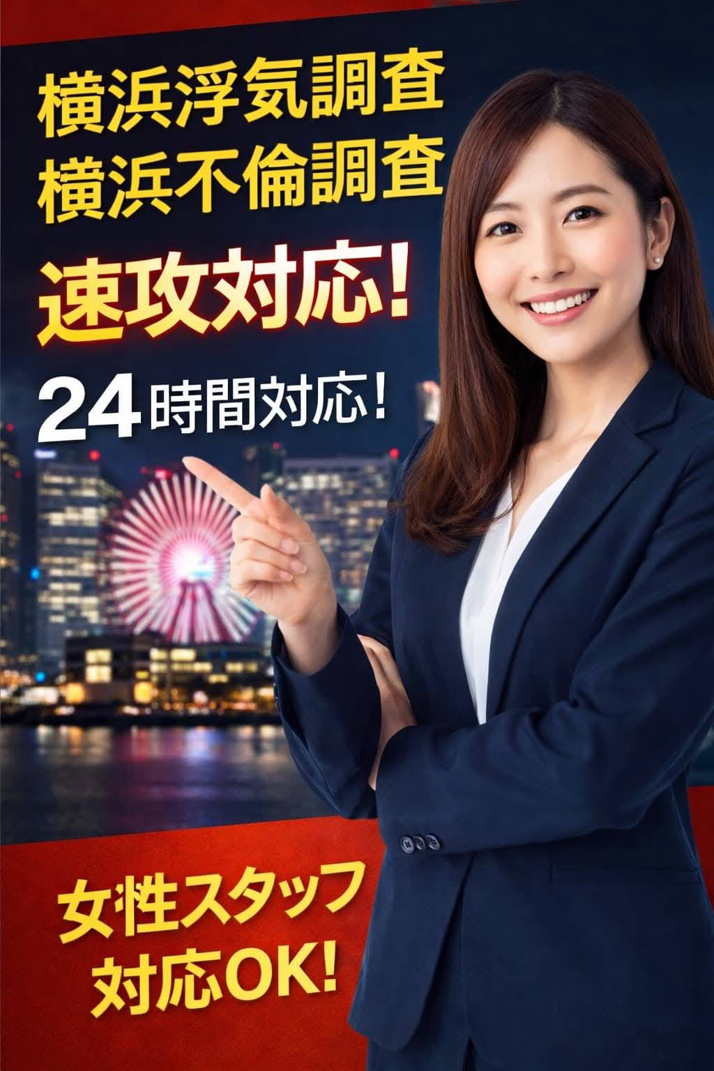 横浜の浮気調査・不倫調査に即日対応する探偵事務所。女性スタッフ在籍、24時間対応、秘密厳守で安心して相談可能