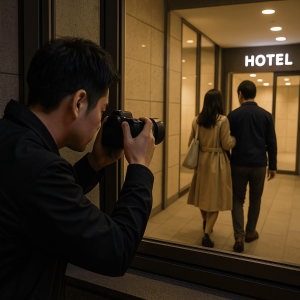 浮気・不倫調査 女性探偵バージョン・夜のホテル街を歩く不倫カップル