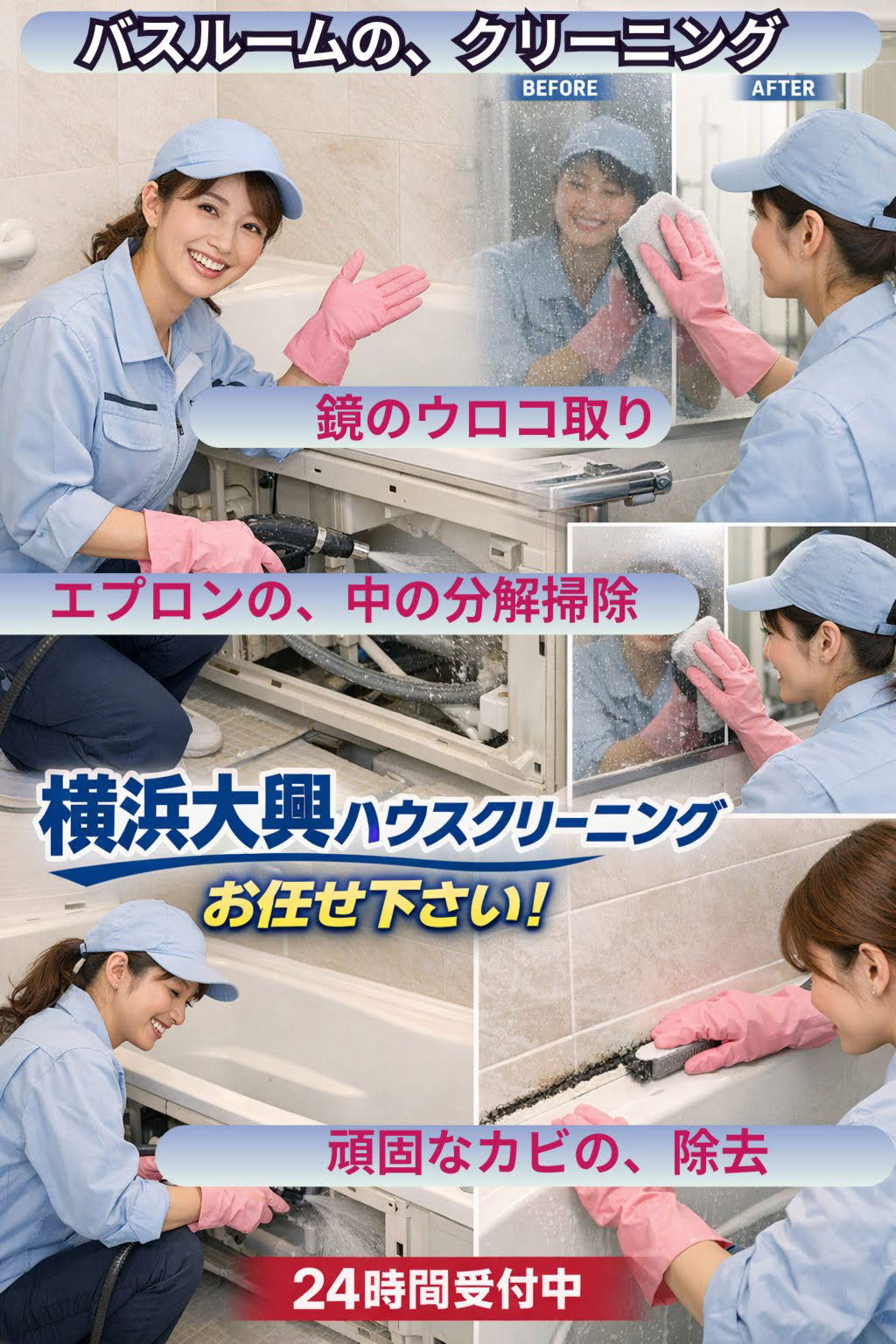 横浜大興によるバスルームクリーニング作業｜浴槽エプロン内部高圧洗浄、鏡のウロコ取り、浴室カビ除去を行う女性スタッフ