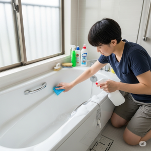 お風呂のお掃除をする女性スタッフ　ハウスクリーニングのご用命は横浜大興