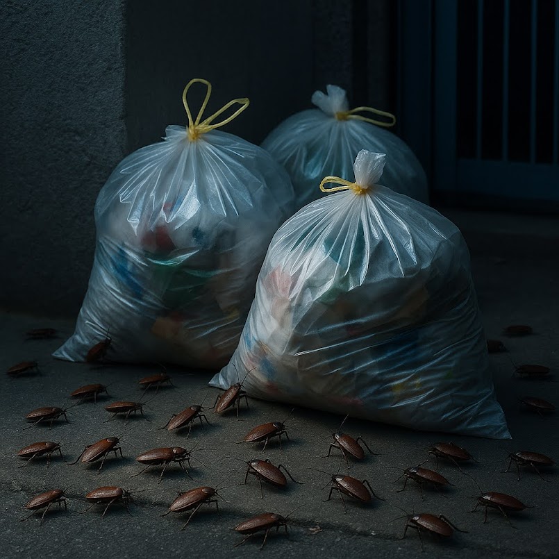 ゴミ置き場に群がるゴキブリ｜害虫駆除・深夜のゴキブリ駆除　横浜便利屋なっちゃん