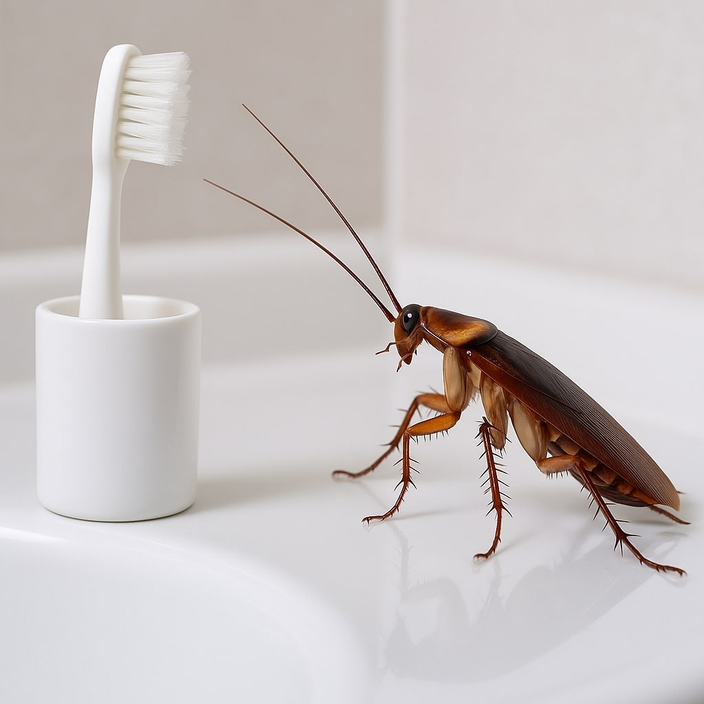 洗面台の歯ブラシに寄るゴキブリ。衛星被害が高まる典型被害的の侵入ケース