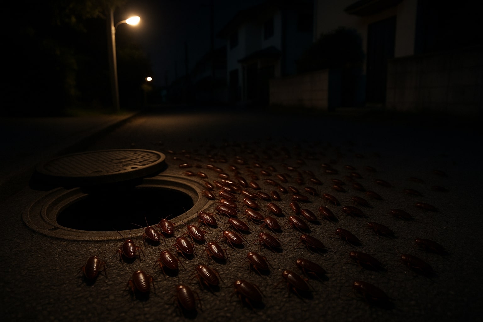 マンホールから湧き出すゴキブリ群れ、深夜の危険性