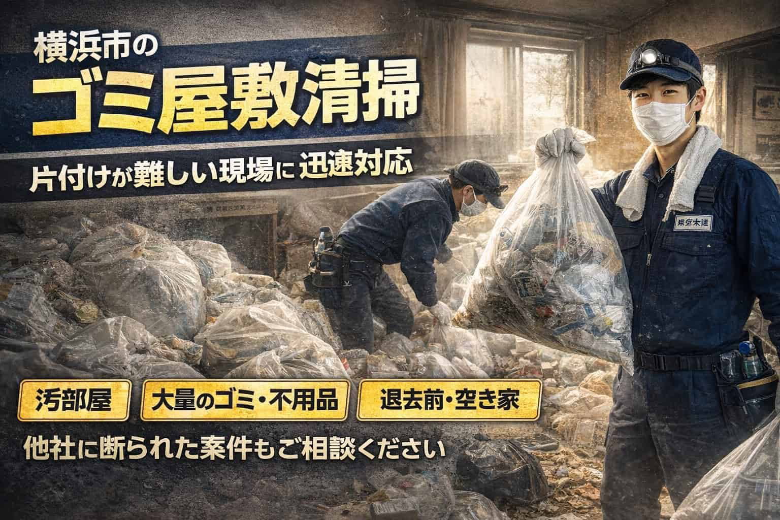 横浜市でゴミ屋敷清掃を行う横浜大興の作業風景。他社に断られた大量ゴミや汚部屋にも対応。