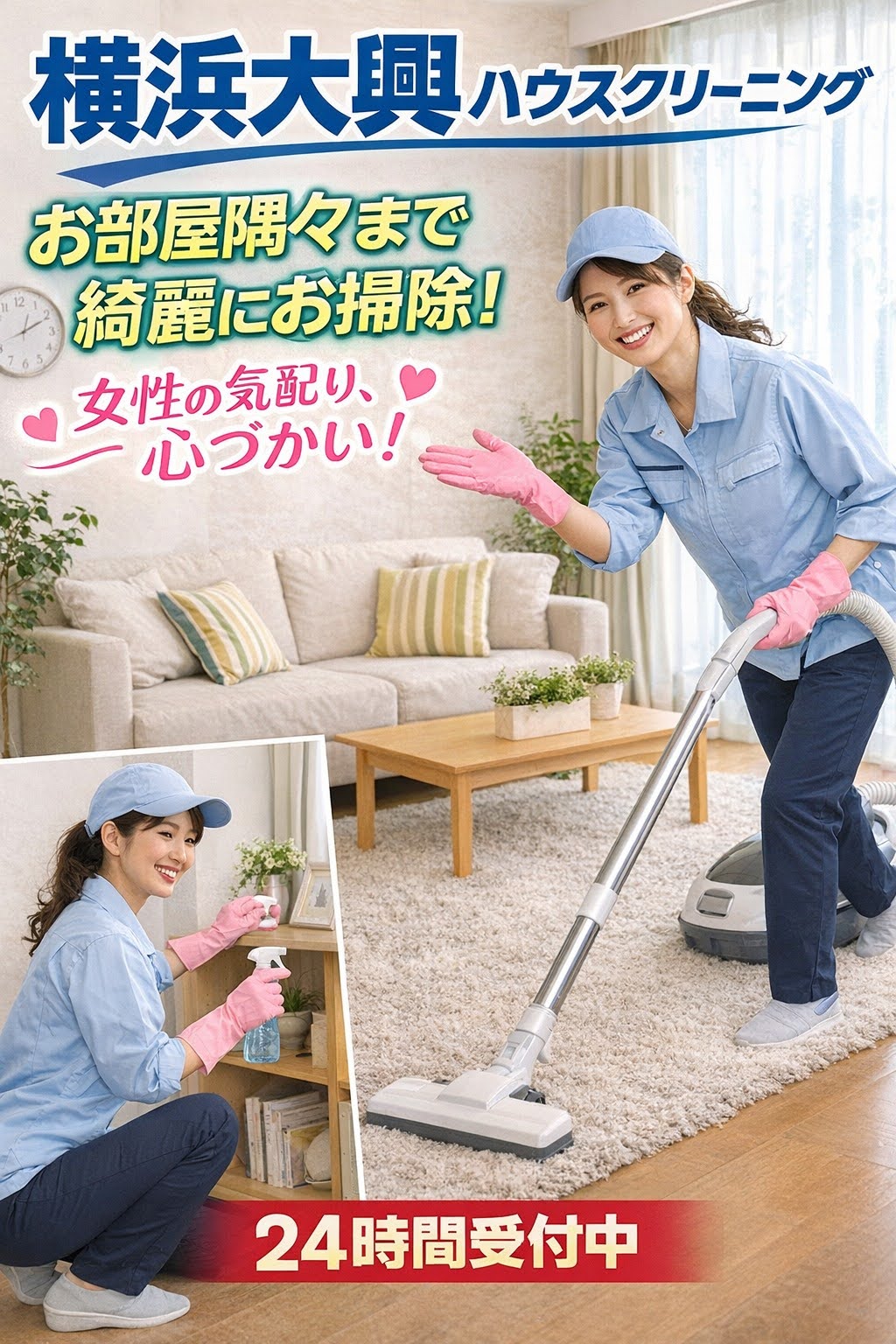 横浜大興のハウスクリーニング作業｜女性スタッフが掃除機がけと拭き掃除でお部屋を隅々まで清掃