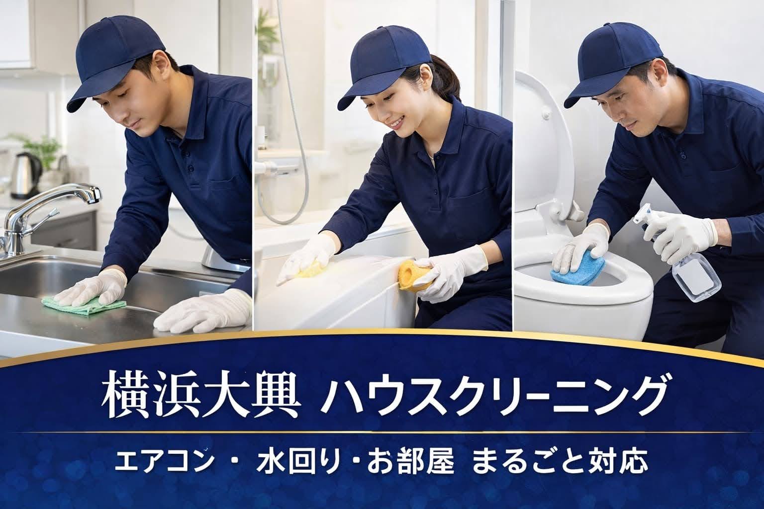 横浜大興のハウスクリーニング。キッチン・浴室・トイレなど水回りをプロが丁寧に清掃している様子
