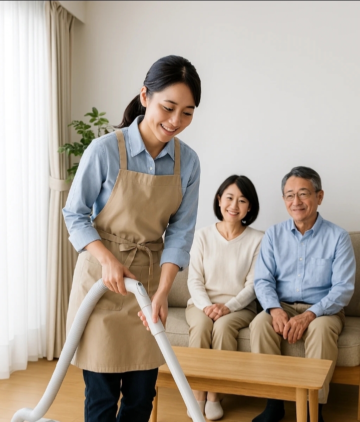 ご夫婦の前で掃除機掛け