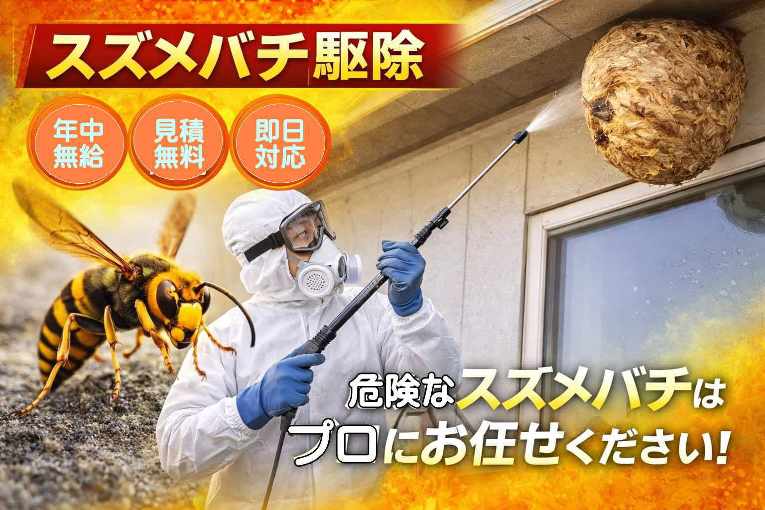 横浜大興のスズメバチ駆除。防護服を着たプロが黄色スズメバチの巣を安全に駆除している様子