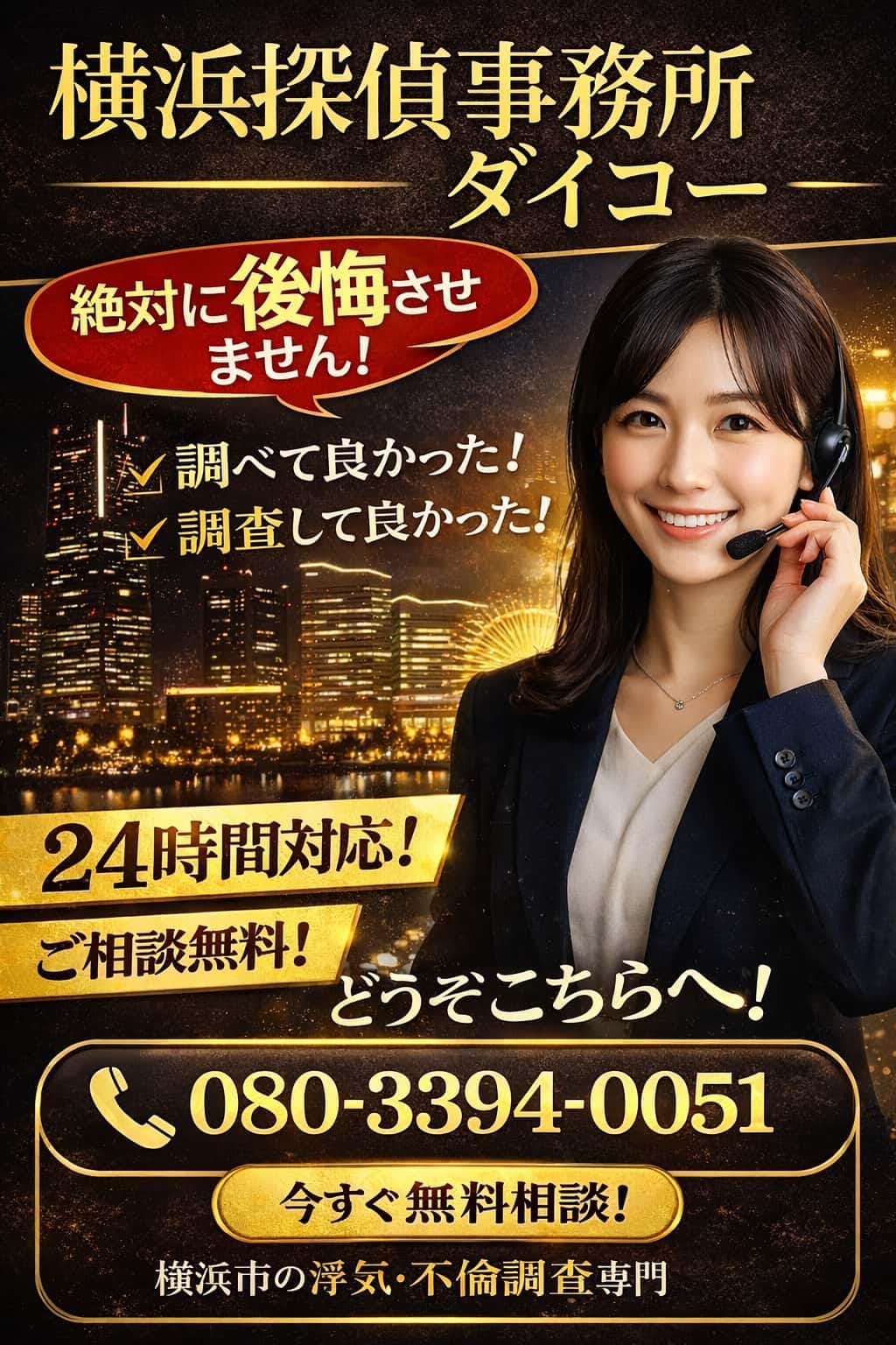 女性スタッフ対応の横浜探偵事務所ダイコー｜浮気・不倫調査で後悔させない安心の調査。24時間対応・相談無料のご案内ポスター